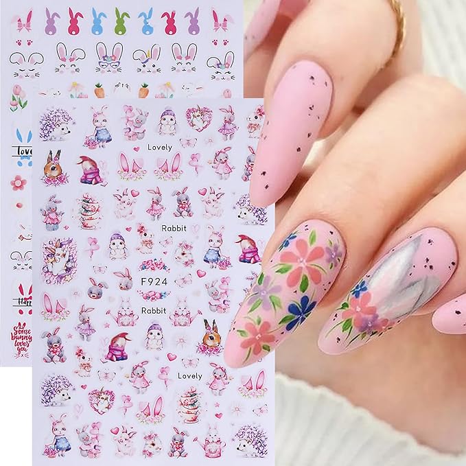 Easter Bunny Nail Art Stickers Decals 12 Sheets 3D Self-Adhesive Cute Rabbit Nail Art Stickers Easter Egg Chick Ears Designs Colorful Flower Daisy Spring Sliders Holiday Manicure Decoration