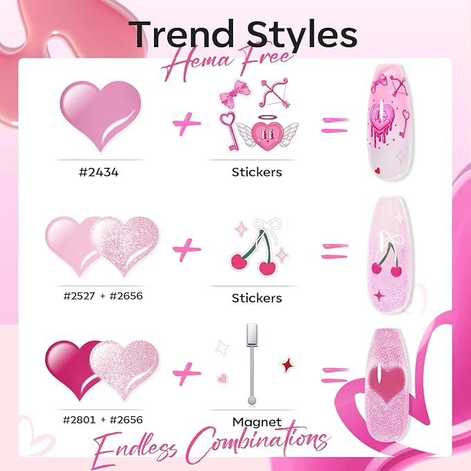 modelones Pink Gel Polish Set, Hema Free Light Pink Cat Eye Gel Polish Jelly Glitter Nude Hot Pink Pastel Nail Polish 6 Colors 2026 Spring Easter LED Nail Art DIY Gift with Magnet&Love-heart Stickers