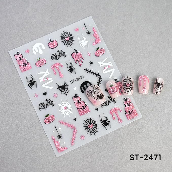 6 Sheets Halloween Nail Stickers Decals Pink Glitter Pumpkin Blood Drop Nail Sticker Black Spider Web Bat Nails Decals Self-Adhesive White Ghost Skull Nails Art Sticker Decal for Women Halloween Decor