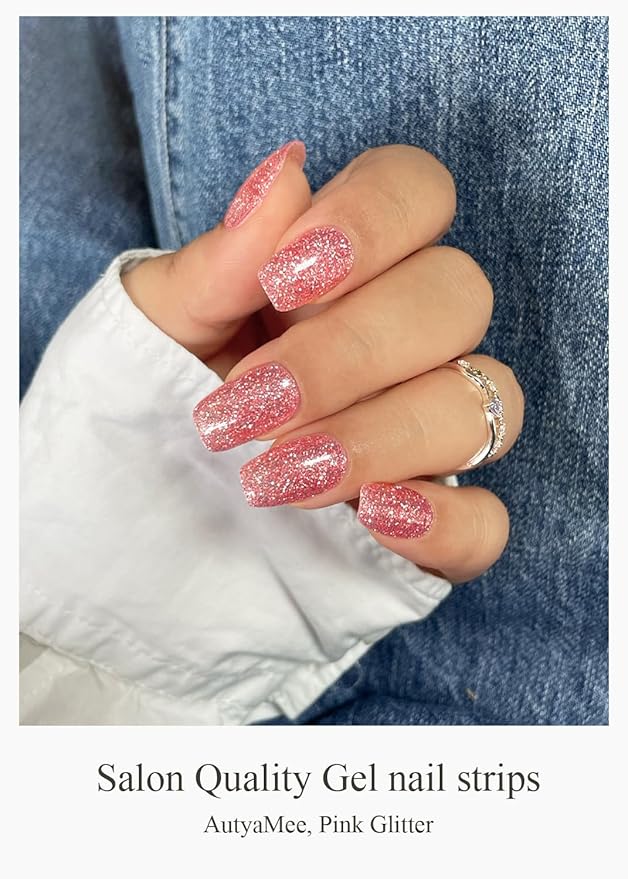 Semi Cured Gel Nail Strips (Pink Glitter), 20 Pcs Gel Nail Wraps, Stickers, UV Light Required, Salon Quality, Long Lasting