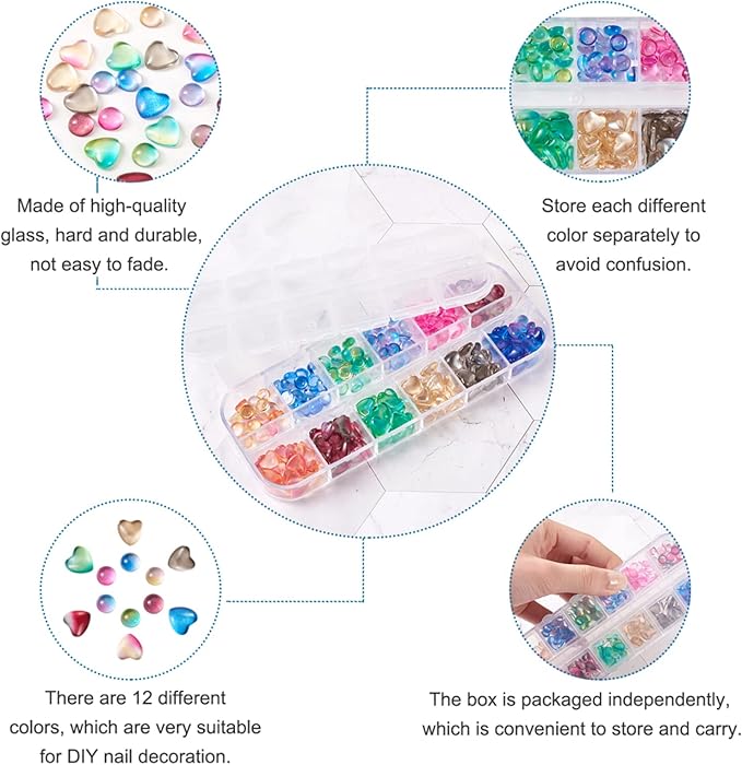 FASHEWELRY 240Pcs/Bag 3D Glass AB Color Nail Art Decoration Heart and Round Glass Cabochons Nail Art Studs for DIY Nail Art Decoration