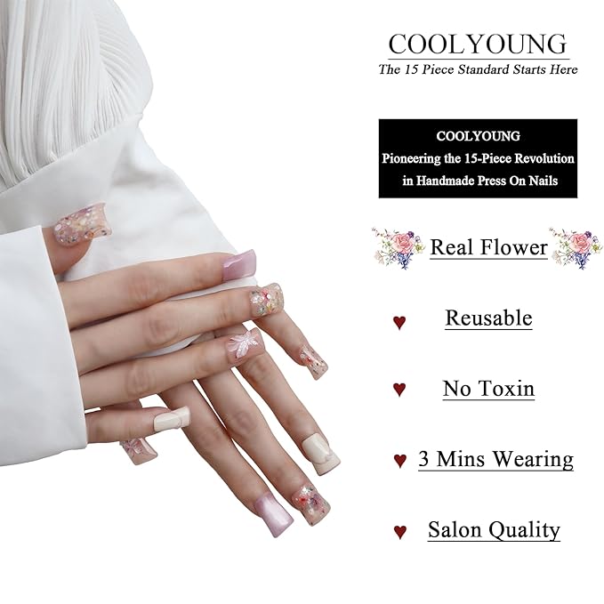 Handmade Press On Nails Duck Nails 3D Short Flower Press On Nails Cat Eye Pink Nails Real Flowers Gifts For Women COOLYOUNG 12 PCS, Size S