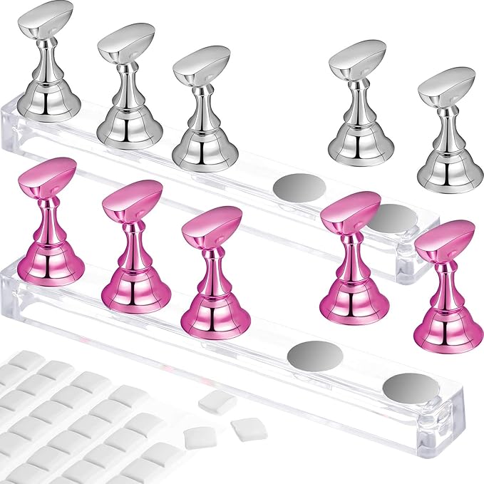 2 Set Nail Stand for Painting Press Nail Holder Acrylic Magnetic Tips Training Fingernail Display Stands DIY Crystal Holders and 96 Pieces White Reusable Adhesive Putty(Metal Pink and Silver)