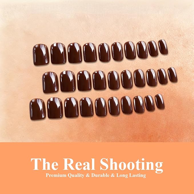 Chrome Dark Brown Press on Nails Short Square, Glazed Short Fake Nails with Sparkle Mirror Design, Shiny Glitter Glue on Nails with Glue, Cute Gel Nail Press ons for Fingernail 30 Pcs