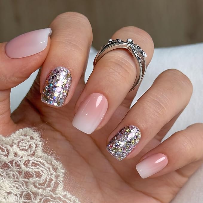 CurvLife Press On Nails Short Square Pink Ombre Silver Glitter, Glossy Soft Gel Fake Nails, Reusable Salon Look Manicure for Women Teens Beginners, 30pcs, Daily Wear Work Party