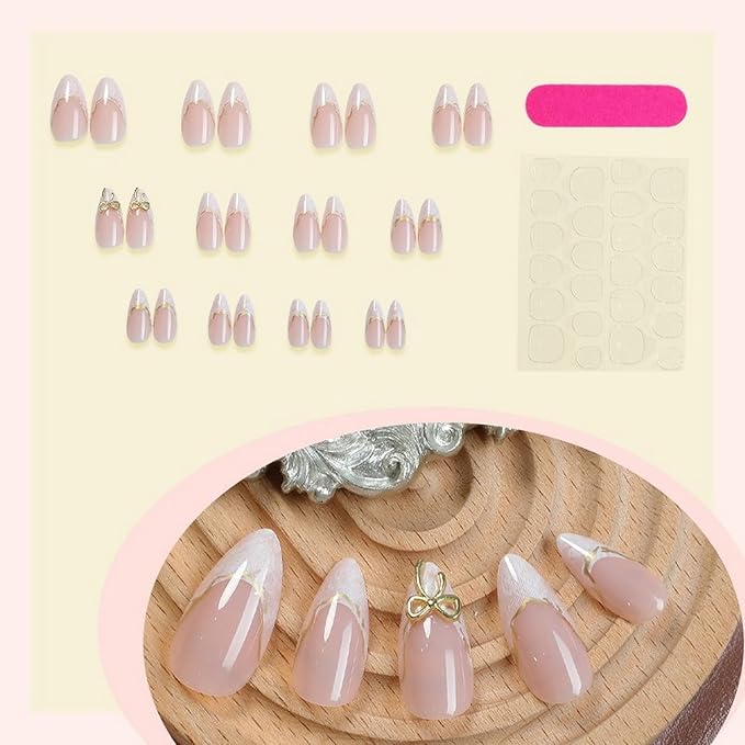 French Tip Press On Nails Medium Almond 24Pcs Glossy Gold Curve Line Marbled Designs Full Cover Acrylic Nails for Women Girls