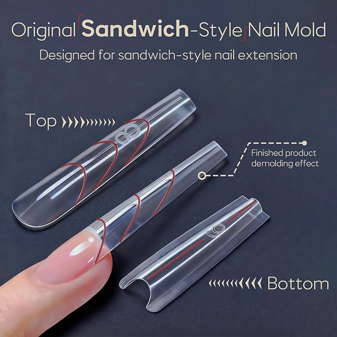 Sandwich Nail Dual Forms for Builder Gel, 240Pcs 15 Sizes Long Coffin Forms Kit – Prevents Gel Stacking & Warping, Beginner-Friendly Reusable Nail Molds for Quick Salon Extensions