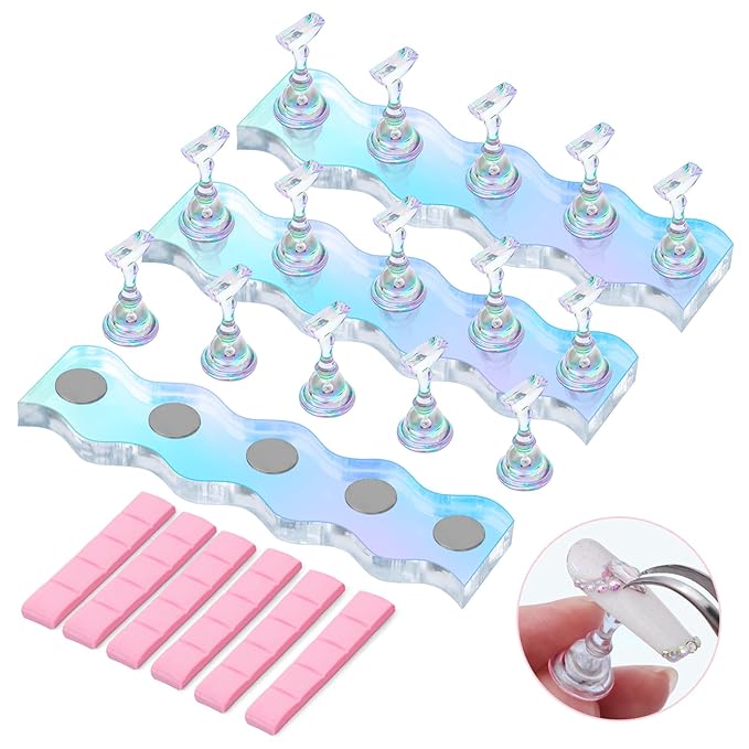 MelodySusie Nail Stand for Press Ons, 3 Sets Blue Acrylic Magnetic Base for Painting Display Holder with Reusable Adhesive Putty for Home DIY Salon Supplies