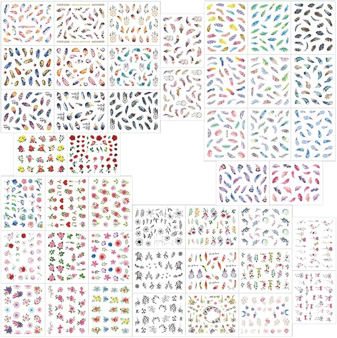 WOKOTO 44 Sheets Feather Nail Art Stickers - 3D Nail Decals with Flowers, Animals - Self-Adhesive Flower Nail Stickers for Women & Girls Acrylic Nails