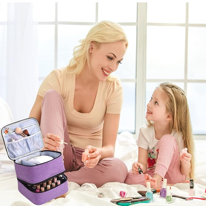 Nail Polish Organizer - Holds 30 Bottles & Nail Lamp, Double-Layer Nail Organizers and Storage, Nail Polish Bag with Handle Nail Travel Case for Nail Tech (Purple)