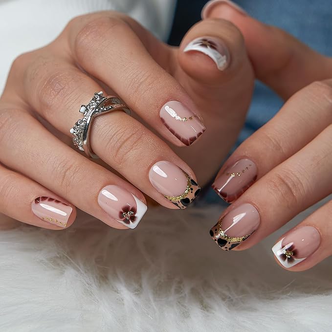 CurvLife Soft Gel Press On Nails Short Square, Salon Quality Nude Pink French Tip with Floral Leopard Accent, Reusable Glue On Nails Kit with Glue & Tabs, Stick On Nails for Women At-Home Manicure