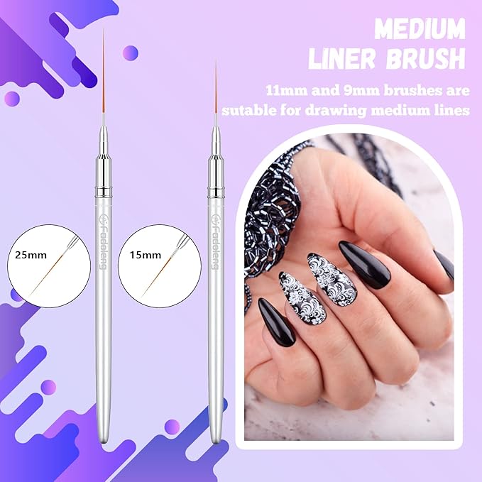 Liner Brush for Nails, 6Pcs Thin Nail Art Brushes Professional Nail Detail Brush for Gel Polish Sizes 5/7/9/11/15/25mm (Silver)