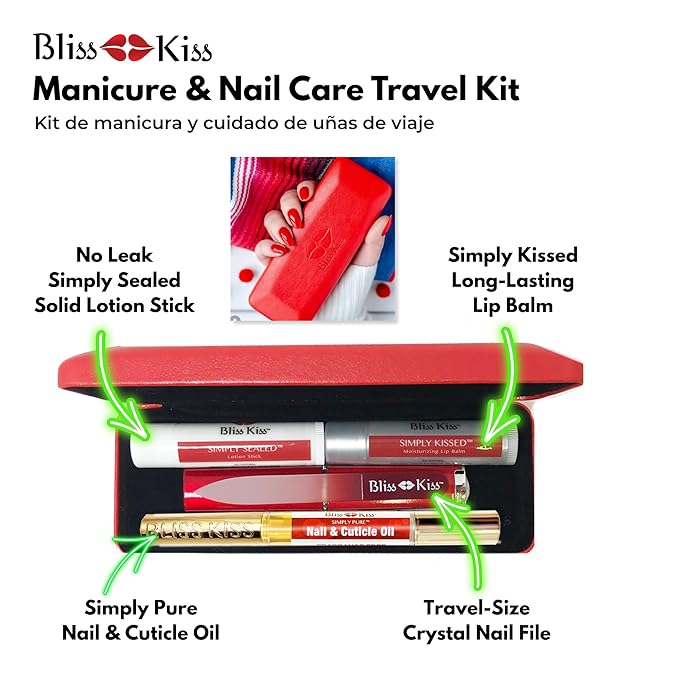 Bliss Kiss Nail Travel Manicure Kit - Great Gift Idea - Easy carry, to-go case to care for your nails, skin, and lips - Hydrating Nail and Cuticle Oil, Lotion Stick, Crystal Nail File, Lip Balm