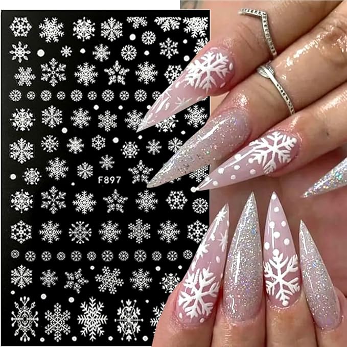 10 Sheets Christmas 3D Snowflake Nail Art Stickers - White Self-Adhesive Glitter Design Winter Decals for Xmas and New Year - DIY Acrylic Nail Supplies for Women and Girls