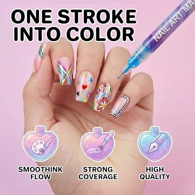 12 Colors Nail Art Pen Set - Quick Dry Nail Polish Markers with Fine Tip, 3D Painting Liner & Dotting Brush for DIY Salon Manicure, Professional Nail Art Kit Gift for Adults Beginners (2026 New)