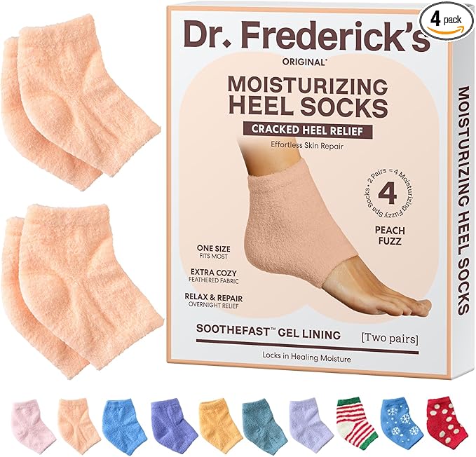 Dr. Frederick's Original Moisturizing Fuzzy Heel Socks for Dry Cracked Heels Treatment - Infused with Olive Oil, Jojoba Oil and Vitamin E - 2 Pairs - Stocking Stuffers for Adults - Peach Fuzz