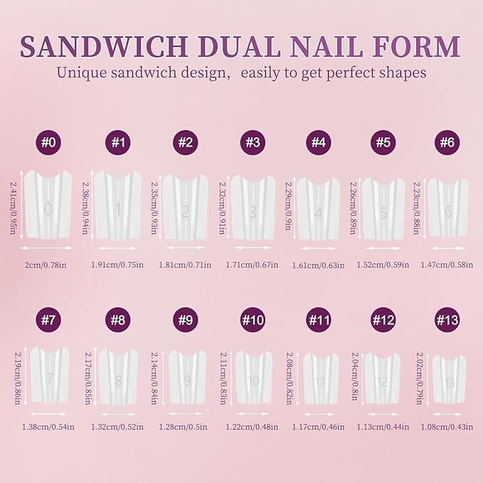 280Pcs Sandwich Dual Nail Forms - 14 Sizes Oval Shape for Builder Gel, Reusable Full Cover Nail Extension Molds for Professional Salon & Home DIY