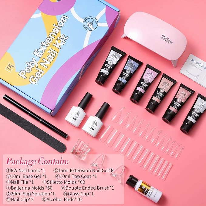 BORN PRETTY Poly Nail Extension Gel Kit-6 Colors Poly Nails Gel Kit Nude Clear Jelly Pink All In One Kit Builder Glue Gel with Nail Lamp Base Top Coat Set Nail Forms French Manicure Set for Beginner Starter DIY at Home Mother's Day Gifts