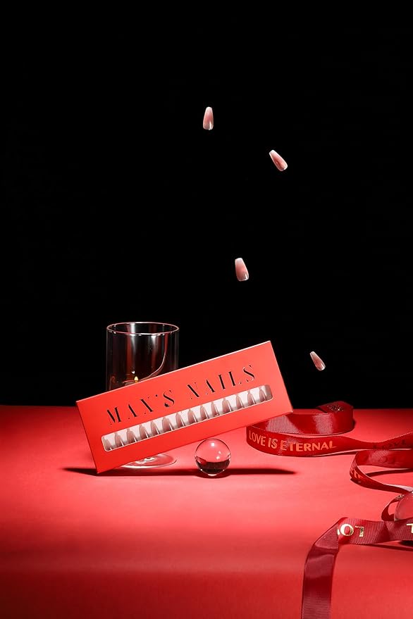 Max’s Chrome & Cat Eye Coffin Press-On Nails | 32-Piece Nail Kit including Both Adhesive Tab & Nail Glue (Shy Red Blush, All Size)