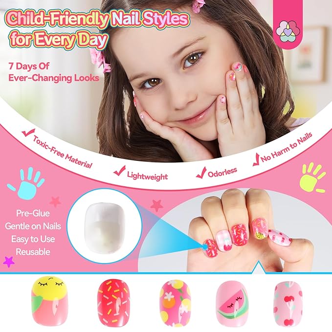 SAVILAND Glamkids Kids Press on Nails: 7 Days Of Ever-Changing Looks Press on Nails for Kids 8-12 Pre-Glue Full Cover Fake Nails for Girls Parties Sleepovers Makeovers LittleNailArtist