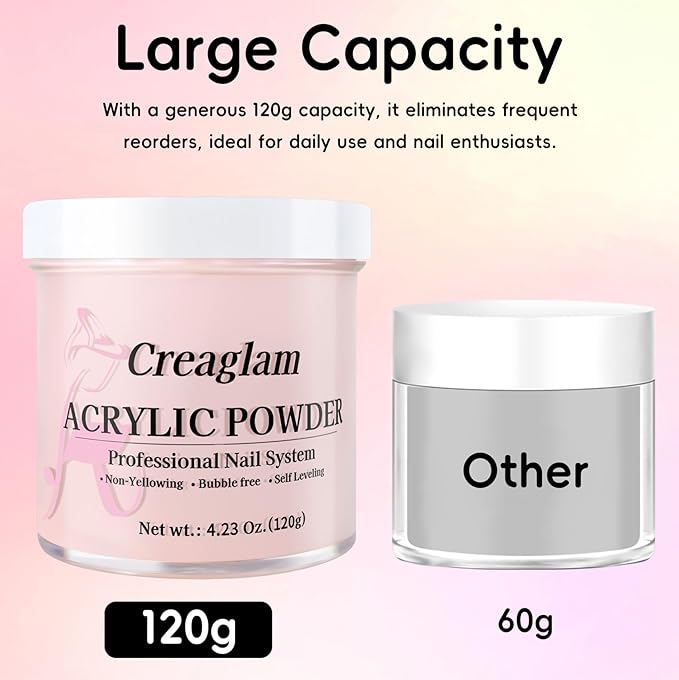 Acrylic Powder 120g 4.23oz No Lamp Needed for Nail Extensions, Bubble Free Formula Acrylic Nail Powder for 3D Art Sculpting Tips, Long Lasting Salon Quality Manicure