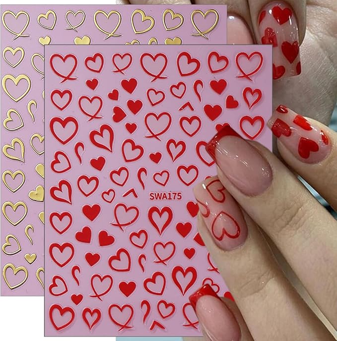 8 Sheets Valentines Nail Art Stickers 3D Self-Adhesive Hollow Heart Nail Decals Red Heart French Tip Nail Stickers Valentines Day Nails Art Decorations for Women Holiday DIY Nails Supplies