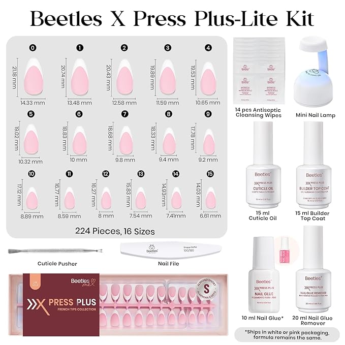 Beetles X Press Kit Gel Nail Kit, Press On Nails Short Almond Kit with 224Pcs French Nail Tips Nail Glue & Remover Builder Top Coat Mini Nail Lamp All-in-One DIY Nail Kit Gift for Women