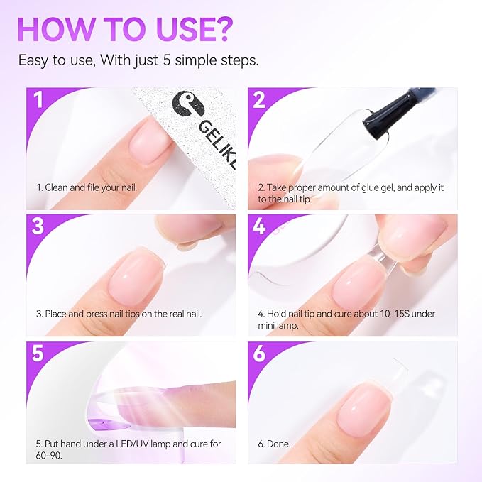 Gelike EC Gel Nail Glue for Press On Nails: 6 in 1 Strong UV Nail Glue for Nail Tips and Acrylic Fake Nail - Long Lasting 28 Days Quick Dry - Beginner Friendly DIY for Home Salon