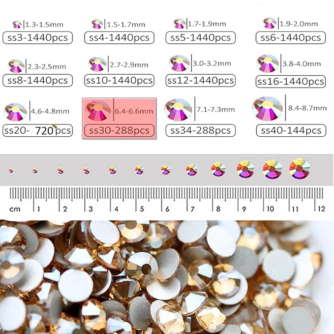 Dowarm 288 Pieces SS30 Flatback Crystal Rhinestones for Craft, Nails, Dance Costumes, Flat Back Nail Crystals, Non Hotfix (SS30, Golden Shadow/Champagne)