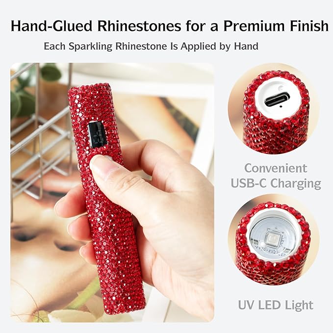 Handheld UV Nail Lamp with Sparkly Rhinestones, 3W Portable LED Nail Lamp, Wireless Rechargeable USB Nail Dryer with Silicone Stamper, LCD Display, Ideal for Home DIY Manicures (Red)