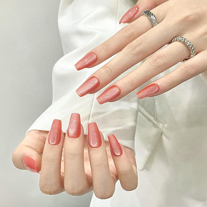 Skycloud Orange Cat Eyes Press On Nails - 24 Pcs Soft Gel Medium Coffin False Nails Kit with Nail Glue, Reusable Stick On Nails for Women and Girls (SK0859)