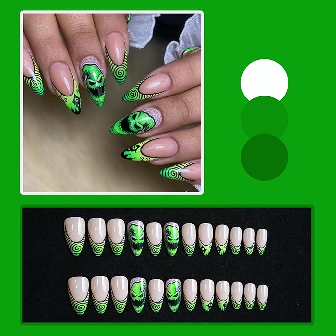 Halloween Green Press on Nails, Glossy Almond Fake Nails, French False Nails with Green Big Eye Monster & Swirl Designs, Full Cover Acrylic Stick on Nails for Women Girls Daily Wear 24 Pcs