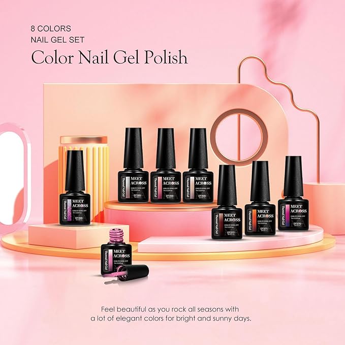 MEET ACROSS Mood Gel Nail Polish Set Temperature Color Changing Gel Colors Collection Red Pink Purple Glitter Brown Gold Gel Polish Soak Off 8 Colors Holiday Gifts Salon DIY at Home