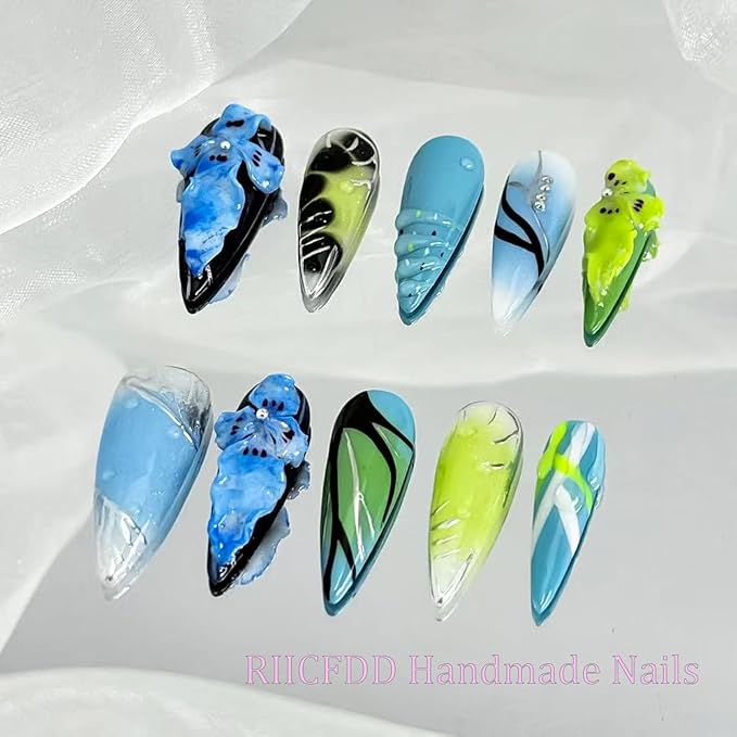 Thick Press on Nails Handmade Nails Long Almond Fake Nails with Glue,Blue Tropical Flower Art False Nails with Water Droplet Pattern Designs Reusable Nature Stick on Nail for Wome (Size M)