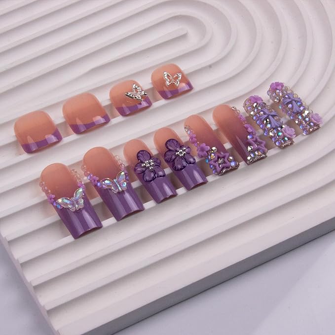 48Pcs Square Press on Nails Long & Press on Toenails Set, Purple Flowers Fake Nails Short Press on Toe Nails with 3D Flower Star Charms French Acrylic Toenails Kit for Women Manicure