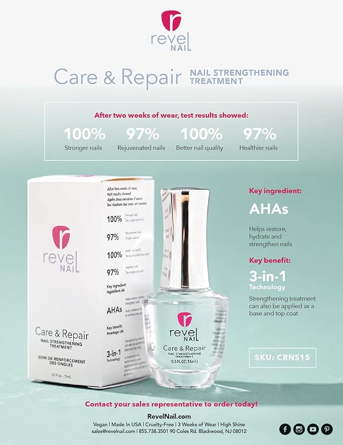 Revel Nail Care & Repair Strengthener, Clear Formula with AHA, Calcium & Vitamin E for Weak, Brittle or Peeling, Made in USA