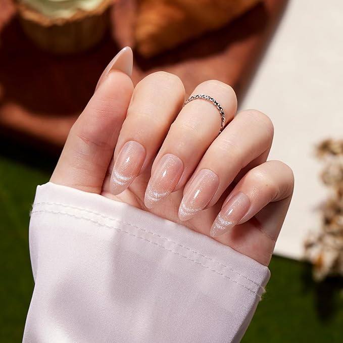 VSALON Press On Nails Medium Almond, Nude French Tip Cat Eye Shimmer Nails, Salon Quality Semi-transparent Fake Nails Kit - 32 PCS Stick on Nails in 16 Sizes with UV Glue & Cuticle Oil