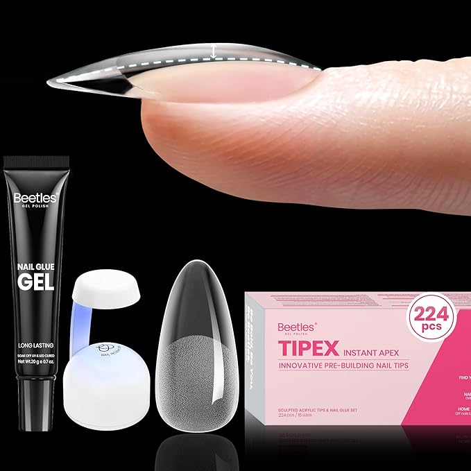 Beetles Tipex Nail Tips Kit Almond Medium, 224Pcs 16 Sizes,Pre-building Pre-Etched Strong Thicker Acrylic Tips with Mini U V Lamp Tipex Nail Glue