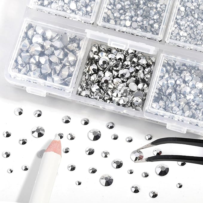 Beadsland 4300pcs Flatback Rhinestones,Silver Rhinestone Nail Gems Round Crystal Rhinestones for Crafts,Mixed 6 Sizes with Picking Tweezers and Wax Pencil Kit, SS6-SS20,Silver Hematite