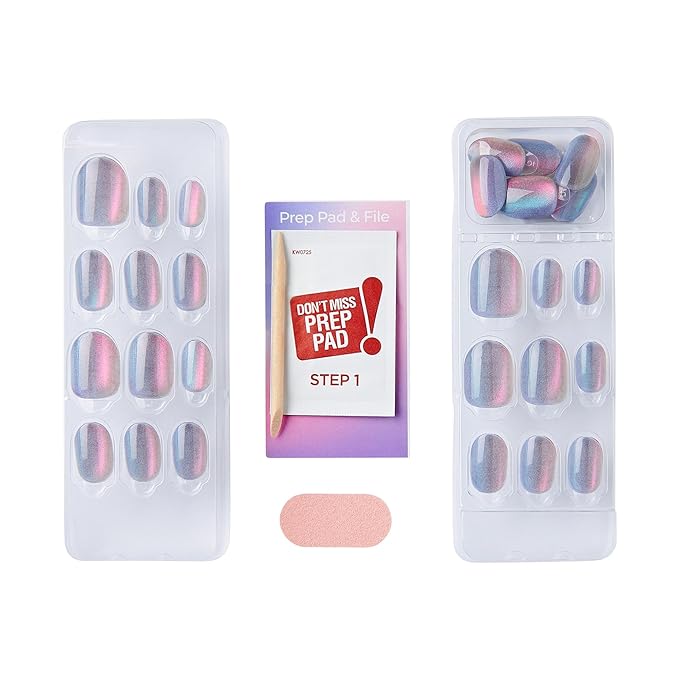 KISS imPRESS No Glue Mani Press On Nails, ColorFX, 'Fly Up', Silver, Short Size, Oval Shape, Includes 30 Nails, Prep Pad, Instructions Sheet, 1 Manicure Stick, 1 Mini File