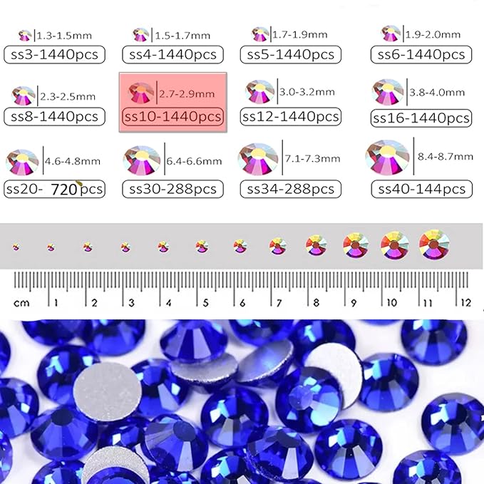 Dowarm 1440 Pieces SS10 Flatback Nail Crystals, 2.8MM Flatback for Craft Nails Dance Costumes, Glue Fix Rhinestones (SS10 / 2.8MM, Blue/Sapphire)