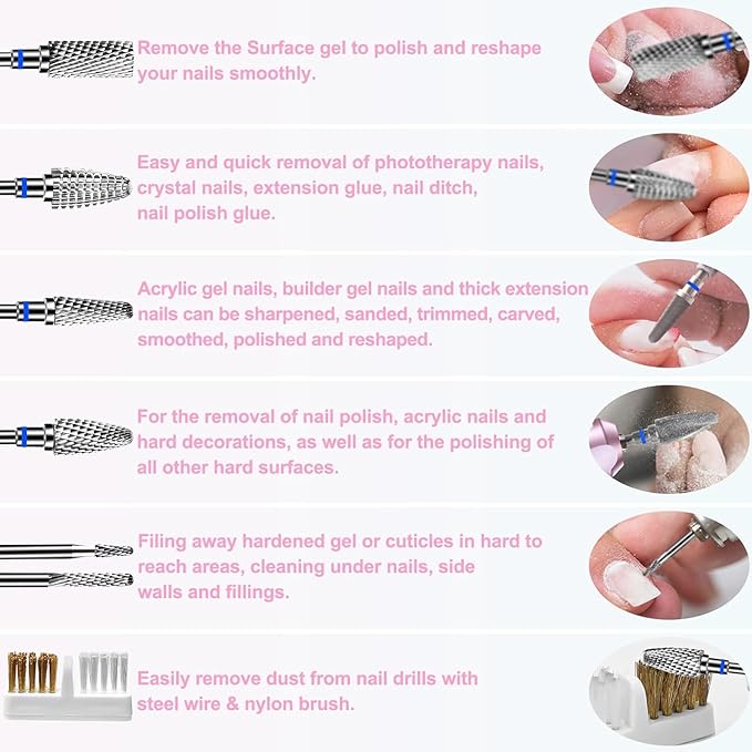 6Pcs Nail Drill Bits Set Professional, 3/32'' Electric Nail Drill Bits for Acrylic Gel Nails, Cuticle Nail Drill Bit Quick Gel Polish Remover Manicure Pedicure Tools with Cleaning Brush (Blue)