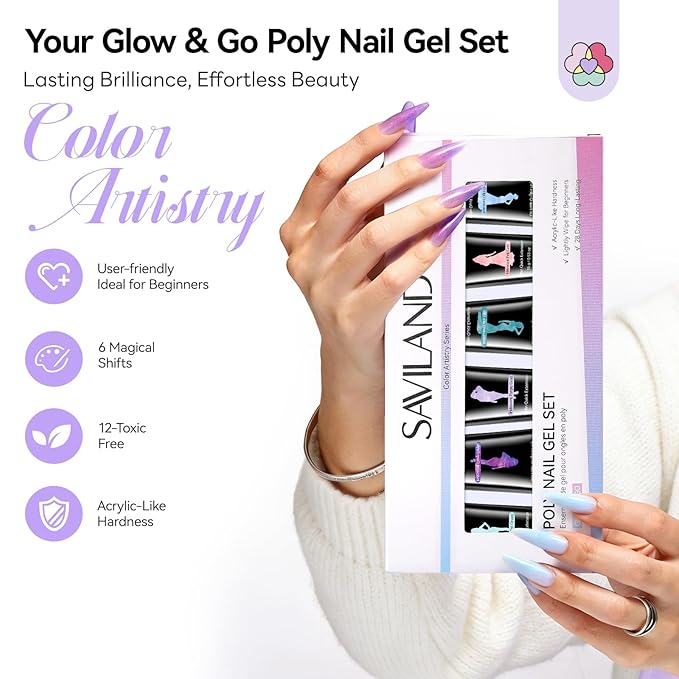 SAVILAND Hema-Free Poly Gel Nail Kit: 6 Colors 28-Day Lasting Poly Gel, Fine Shimmer Pink Blue Purple Poly Extension Gel Nail Kit, Beginner-Friendly for Nourishing Nail Extension Enhancement Home DIY