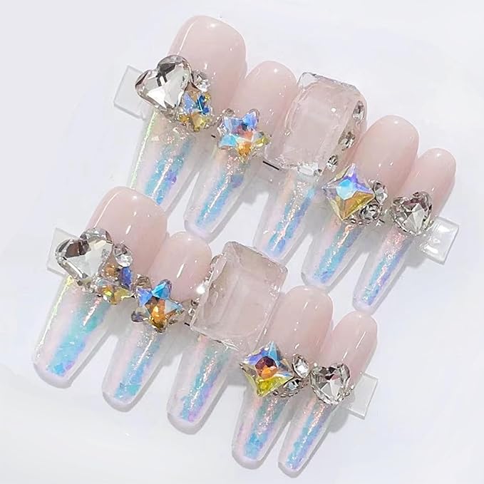 WOMHOPE Press on Nails Handmade Full Cover False Nails with Rhinestone Vintage Flower Aurora Acrylic Nails for Women and Girls 10pcs/Box Long Almond,Coffin (French polarization, Large)