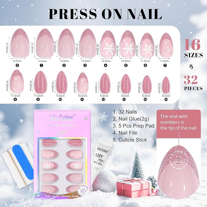 Press On Nails Almond - Jofay Fashion Pink Snowflake Glitter Press On Nails, Glossy Acrylic Fake Nails with Glue for Women, Reusable Winter Glue On Nails in 16 Sizes - 32 Stick On Nails Kit