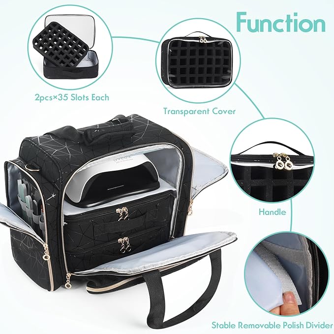 Nail Polish Organizer Case -Holds 70 Bottles (15ml-0.5 fl.oz) and 1 Nail Lamp -Nail Storage Organizer PU Leather with 2 Separate Nail Polish Holder and Manicure Tools Storage-Black