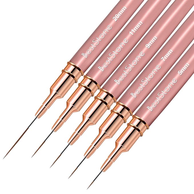 Nail Art Liner Brushes, 5Pcs Professional Gel Polish Painting Art Design Pen Set for Long Lines, Thin Details, Fine Drawing Sizes 5/7/9/11/20mm Nail Art Design Gift for Women(Champagne Gold)