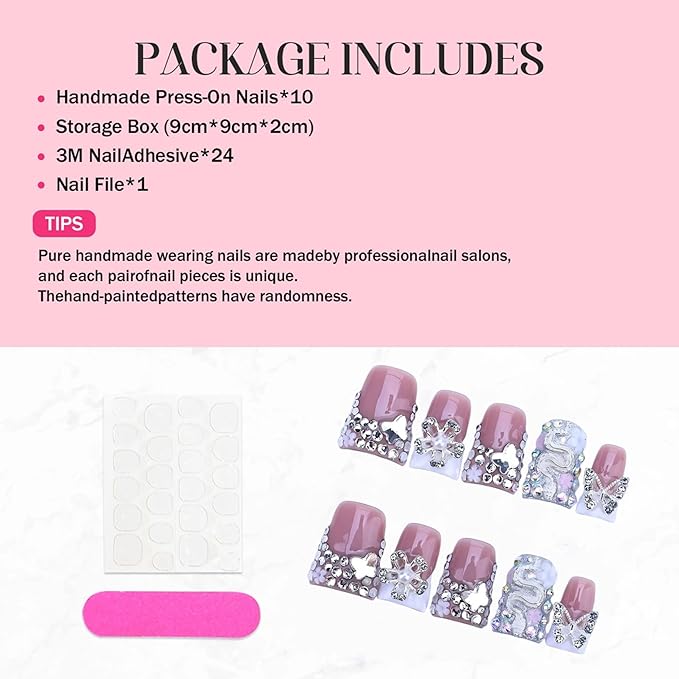 Duck Press on Nails Short Handmade Fake Nails Luxury 3D Reusable French Tip False Nails with Designs Flower Rhinestones Sparkly Glue on Nail for Women 10Pcs (Size M)