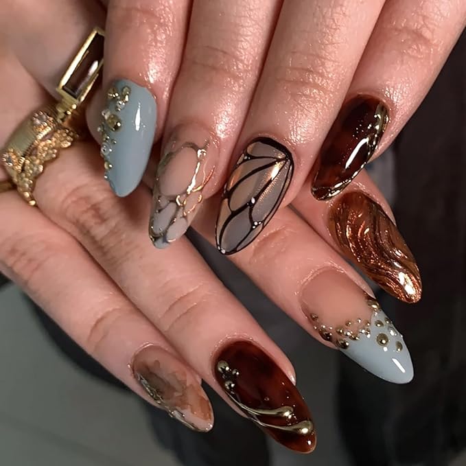 Press on Nails Almond Medium MABKJLF Brown Fake Nails Handmade False Nails with Butterfly Gold Curve Line Tortie Designs Glossy Glue on Nail Acrylic Nails for Women Girls 24Pcs