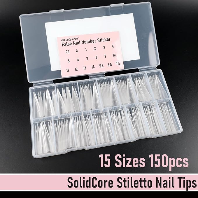 Stiletto Nail Tips Sharp Solid Core Stiletto Half Cover Press on Nails, XXL Clear Fake Acrylic Nails False Nail Tips for Nail Art Design Salon Artistic and Home DIY 15 Sizes
